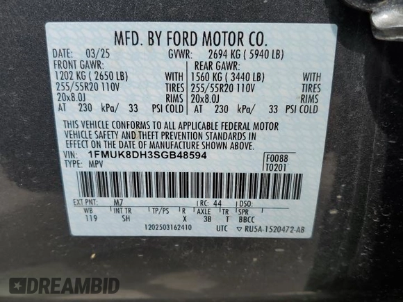 2025 Ford Explorer Active with VIN 1FMUK8DH3SGB48594, listed as a Copart auction lot 58975755 with 3,134 mi miles and Salvage title. Bid and sale history available at DreamBid. Image 13.