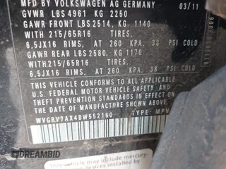 2011 Volkswagen Tiguan SEL with VIN WVGBV7AX4BW552160, listed as a IAAI auction lot 41507235 with 133,139 mi miles and . Bid and sale history available at DreamBid. Image 9.