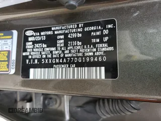 2013 Kia Optima EX with VIN 5XXGN4A77DG199460, listed as a Copart auction lot 53984215 with 78,612 mi miles and Salvage Title. Bid and sale history available at carsss.com. Image 13.