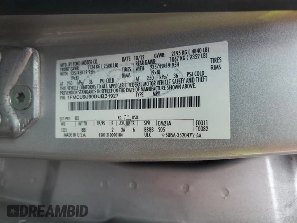 2013 Ford Escape Titanium with VIN 1FMCU9J90DUB31927, listed as a Copart auction lot 63701025 with 205,843 mi miles and Clean title. Bid and sale history available at DreamBid. Image 13.