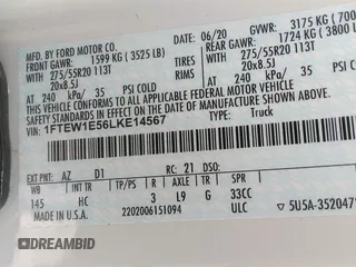 2020 Ford F-150 XL with VIN 1FTEW1E56LKE14567, listed as a IAAI auction lot 42080364 with 77,373 mi miles and . Bid and sale history available at DreamBid. Image 9.