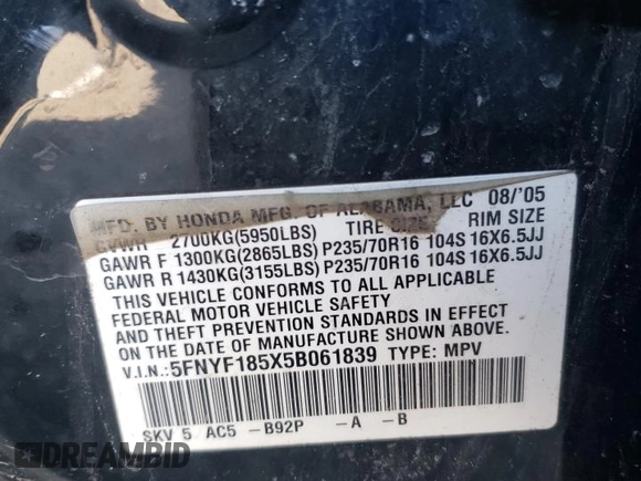 2005 Honda Pilot EX-L with VIN 5FNYF185X5B061839, listed as a Copart auction lot 48666595 with 0 mi miles and Salvage Title. Bid and sale history available at carsss.com. Image 14.