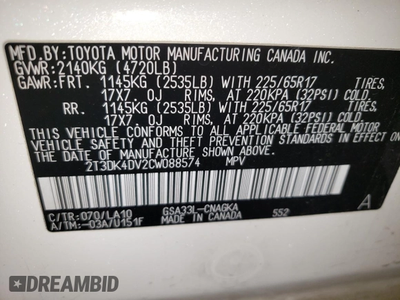 2012 Toyota RAV4 Limited z VIN 2T3DK4DV2CW088574, wystawiony jako Copart lot #62393385 z przebiegiem Nie podano mil oraz Szkoda całkowita • Salvage title. Historia ofert i sprzedaży dostępna na DreamBid. Obrazek 13.