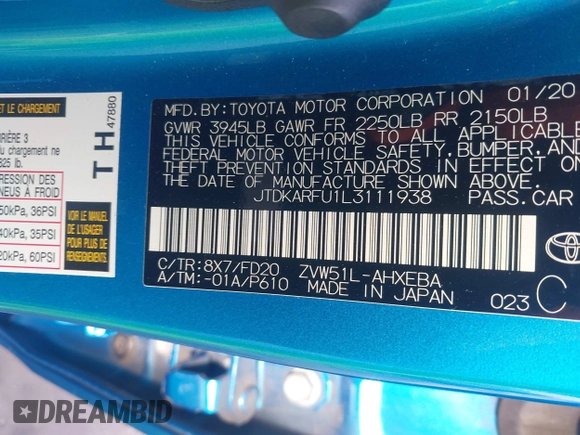 2020 Toyota Prius L Eco z VIN JTDKARFU1L3111938, wystawiony jako IAAI lot #41578853 z przebiegiem 117 641 mil mil oraz . Historia ofert i sprzedaży dostępna na DreamBid. Obrazek 9.