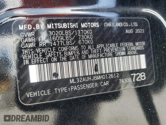 2021 Mitsubishi Mirage ES with VIN ML32AUHJ6MH012612, listed as a Copart auction lot 60129265 with 62,846 mi miles and Non repairable. Bid and sale history available at DreamBid. Image 13.