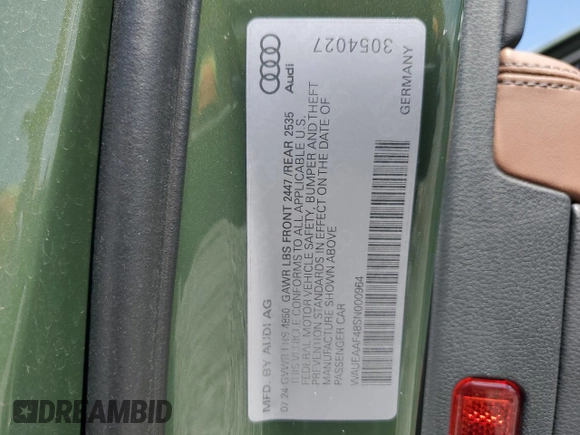 2025 Audi A4 S line Premium Plus with VIN WAUEAAF48SN000964, listed as a Copart auction lot 54632825 with 9,912 mi miles and Salvage Title. Bid and sale history available at DreamBid. Image 13.