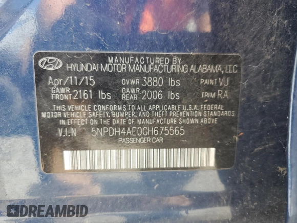 2016 Hyundai Elantra SE with VIN 5NPDH4AE0GH675565, listed as a Copart auction lot 62288815 with 104,716 mi miles and Clean title. Bid and sale history available at DreamBid. Image 12.