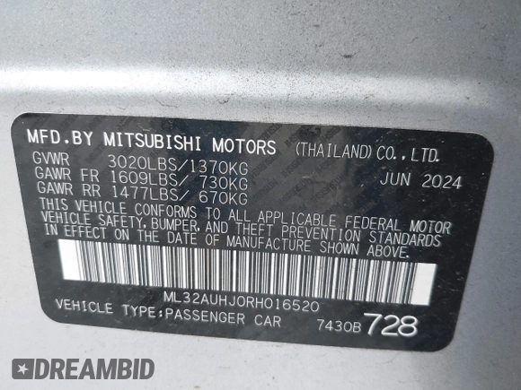 2024 Mitsubishi Mirage ES with VIN ML32AUHJ0RH016520, listed as a IAAI auction lot 42609025 with 16,419 mi miles and . Bid and sale history available at DreamBid. Image 9.