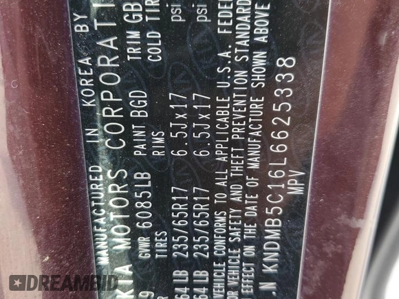2020 Kia Sedona LX with VIN KNDMB5C16L6625338, listed as a Copart auction lot 68934524 with Not Provided miles and Salvage Title. Bid and sale history available at DreamBid. Image 13.