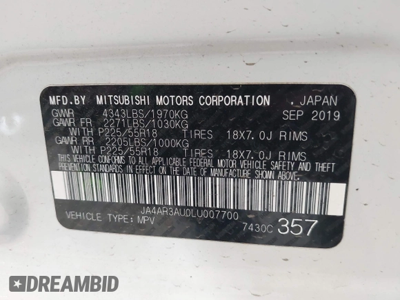 2020 Mitsubishi Outlander ES with VIN JA4AR3AU0LU007700, listed as a IAAI auction lot 42644182 with 52,596 mi miles and . Bid and sale history available at DreamBid. Image 9.