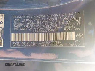 2013 Toyota Prius Two with VIN JTDZN3EU7D3240981, listed as a IAAI auction lot 42573319 with 250,362 mi miles and . Bid and sale history available at DreamBid. Image 9.