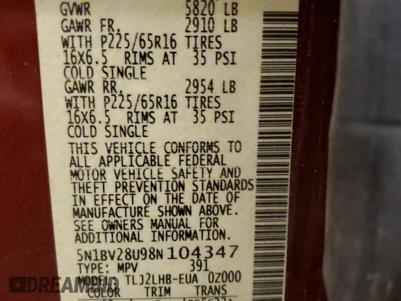 2008 Nissan Quest with VIN 5N1BV28U98N104347, listed as a Copart auction lot 82894454 with 114,144 mi miles and Salvage Title. Bid and sale history available at carsss.com. Image 14.