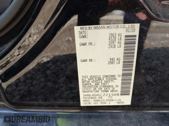 2020 Nissan Altima 2.5 SL with VIN 1N4BL4EV4LC221508, listed as a IAAI auction lot 41307608 with 61,414 mi miles. Bid and sale history available at carsss.com. Image 9.