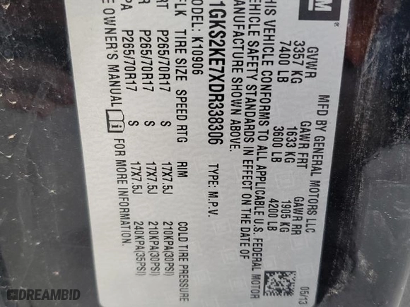 2013 GMC Yukon XL SLT with VIN 1GKS2KE7XDR338306, listed as a Copart auction lot 50244555 with 178,433 mi miles and Salvage Title. Bid and sale history available at carsss.com. Image 13.