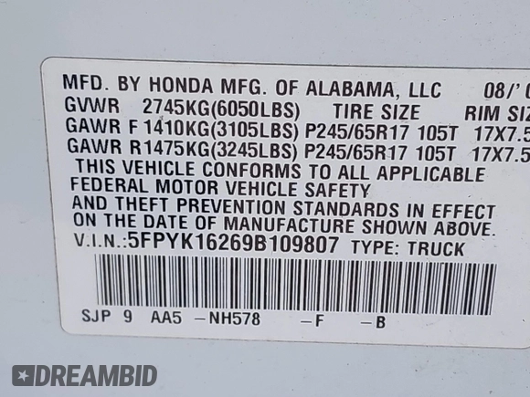 2009 Honda Ridgeline RT with VIN 5FPYK16269B109807, listed as a IAAI auction lot 42056354 with Not Provided miles. Bid and sale history available at carsss.com. Image 9.