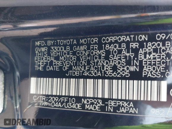 2010 Toyota Yaris with VIN JTDBT4K30A1356295, listed as a IAAI auction lot 41676307 with 109,438 mi miles and . Bid and sale history available at carsss.com. Image 9.