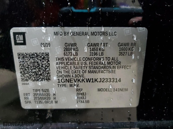 2019 Chevrolet Traverse Premier with VIN 1GNEVKKW1KJ233314, listed as a Copart auction lot 44336925 with 122,301 mi miles and Salvage Title. Bid and sale history available at carsss.com. Image 15.