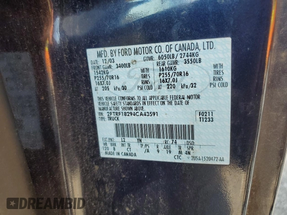 2004 Ford F-150 XL with VIN 2FTRF18294CA43591, listed as a Copart auction lot 68166714 with Not provided miles and Clean title. Bid and sale history available at DreamBid. Image 12.