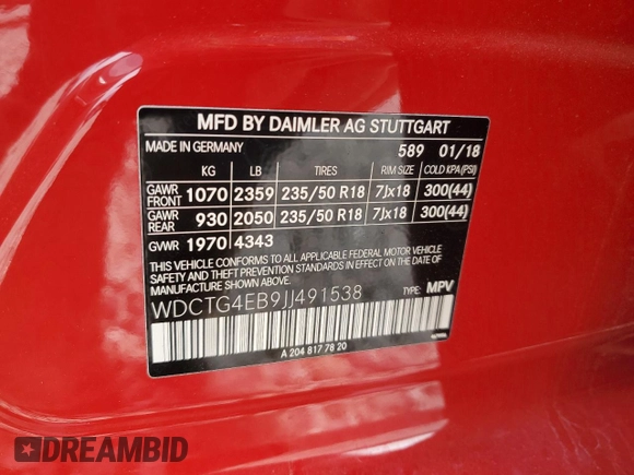 2018 Mercedes-Benz GLA 250 z VIN WDCTG4EB9JJ491538, wystawiony jako Copart lot #53695015 z przebiegiem Nie podano mil oraz Szkoda całkowita • Salvage title. Historia ofert i sprzedaży dostępna na DreamBid. Obrazek 12.
