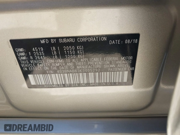 2019 Subaru Legacy with VIN 4S3BNAB63K3005292, listed as a IAAI auction lot 41851947 with 68,448 mi miles. Bid and sale history available at carsss.com. Image 9.