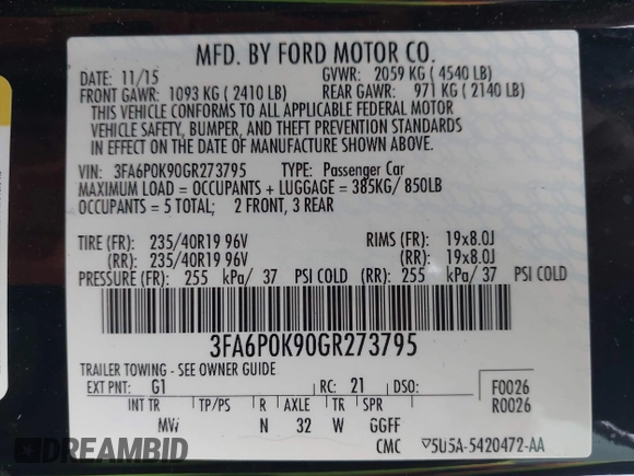 2016 Ford Fusion Titanium with VIN 3FA6P0K90GR273795, listed as a IAAI auction lot 41931175 with 108,531 mi miles and . Bid and sale history available at carsss.com. Image 9.