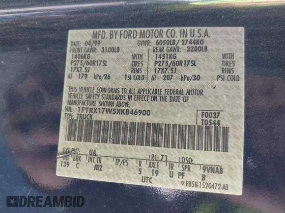 1999 Ford F-150 with VIN 1FTRX17W5XKB46900, listed as a IAAI auction lot 41792177 with Not provided miles and . Bid and sale history available at DreamBid. Image 9.