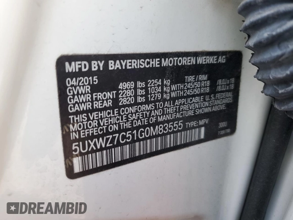 2016 BMW X3 sDrive28i with VIN 5UXWZ7C51G0M83555, listed as a Copart auction lot 87007234 with 111,070 mi miles and Salvage Title. Bid and sale history available at DreamBid. Image 15.