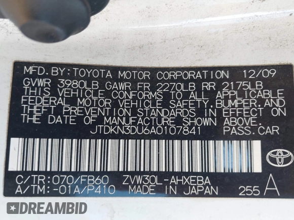 2010 Toyota Prius II with VIN JTDKN3DU6A0107841, listed as a IAAI auction lot 41907477 with 169,554 mi miles. Bid and sale history available at carsss.com. Image 9.