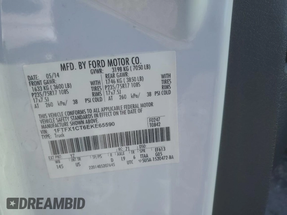 2014 Ford F-150 XL with VIN 1FTFX1CT6EKE65590, listed as a Copart auction lot 80848964 with 176,491 mi miles and Salvage Title. Bid and sale history available at carsss.com. Image 14.