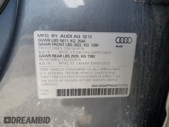 2013 Audi Q5 Premium Plus с VIN WA1DGAFP5DA072796, выставлен на аукционе Copart как лот 52797165 с пробегом 52 011 миль миль и Списание • Salvage title. История ставок и продаж доступна на DreamBid. Изображение 13.