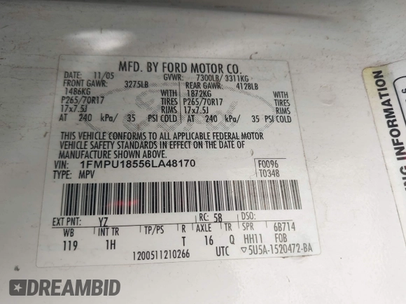 2006 Ford Expedition Eddie Bauer with VIN 1FMPU18556LA48170, listed as a IAAI auction lot 42514246 with 254,046 mi miles and . Bid and sale history available at DreamBid. Image 9.