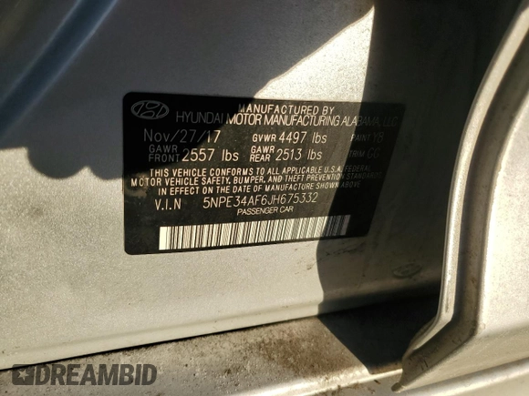 2018 Hyundai Sonata Limited with VIN 5NPE34AF6JH675332, listed as a Copart auction lot 46982715 with 39,985 mi miles and Salvage Title. Bid and sale history available at DreamBid. Image 12.