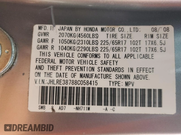 2008 Honda CR-V EX-L with VIN JHLRE38788C058415, listed as a Copart auction lot 54017785 with 164,132 mi miles and Salvage Title. Bid and sale history available at carsss.com. Image 13.