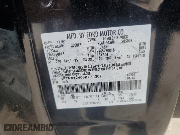 2008 Ford F-150 XL with VIN 1FTPX12V08KC11367, listed as a Copart auction lot 54267455 with 144,631 mi miles and Salvage title. Bid and sale history available at DreamBid. Image 12.