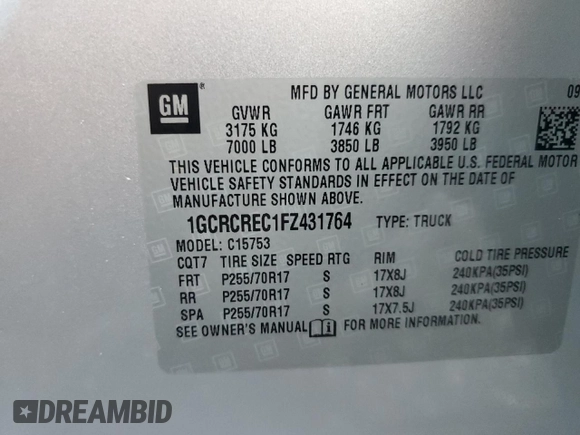 2015 Chevrolet Silverado 1500 LT with VIN 1GCRCREC1FZ431764, listed as a Copart auction lot 80342874 with 143,658 mi miles and Salvage Title. Bid and sale history available at DreamBid. Image 13.