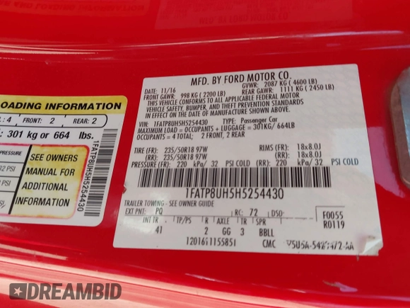 2017 Ford Mustang EcoBoost Premium with VIN 1FATP8UH5H5254430, listed as a IAAI auction lot 42074363 with 89,735 mi miles and . Bid and sale history available at DreamBid. Image 9.