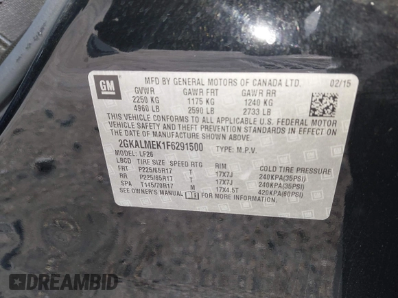2015 GMC Terrain SLE with VIN 2GKALMEK1F6291500, listed as a IAAI auction lot 42060767 with 204,457 mi miles and . Bid and sale history available at DreamBid. Image 9.