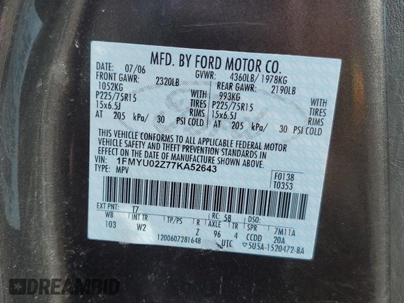 2007 Ford Escape XLS z VIN 1FMYU02Z77KA52643, wystawiony jako Copart lot #50971365 z przebiegiem 183 604 mil mil oraz Szkoda całkowita • Salvage title. Historia ofert i sprzedaży dostępna na DreamBid. Obrazek 13.