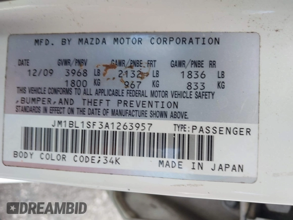 2010 Mazda 3 i Sport with VIN JM1BL1SF3A1263957, listed as a IAAI auction lot 42135115 with 252,283 mi miles and . Bid and sale history available at DreamBid. Image 9.