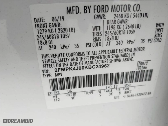 2019 Ford Edge SEL with VIN 2FMPK4J90KBC24962, listed as a IAAI auction lot 41881352 with NaN miles. Bid and sale history available at carsss.com. Image 9.