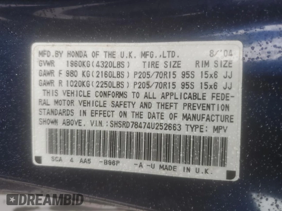 2004 Honda CR-V LX with VIN SHSRD78474U252663, listed as a Copart auction lot 52090185 with 202,703 mi miles and Salvage Title. Bid and sale history available at carsss.com. Image 12.