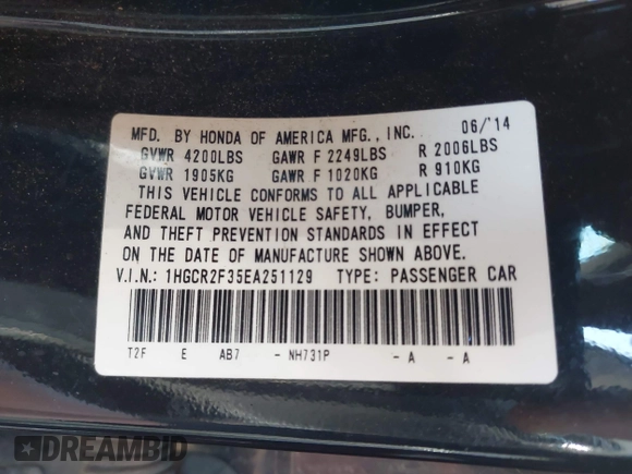 2014 Honda Accord LX with VIN 1HGCR2F35EA251129, listed as a IAAI auction lot 41963340 with 167,145 mi miles and . Bid and sale history available at carsss.com. Image 9.