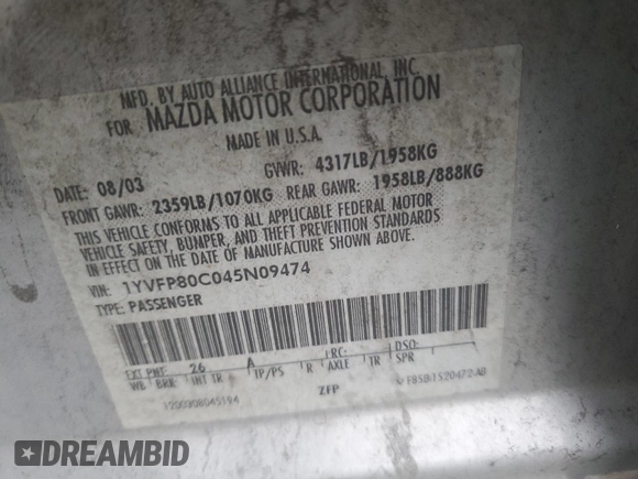 2004 Mazda 6 i with VIN 1YVFP80C045N09474, listed as a Copart auction lot 85890304 with 200,748 mi miles and Salvage Title. Bid and sale history available at DreamBid. Image 12.