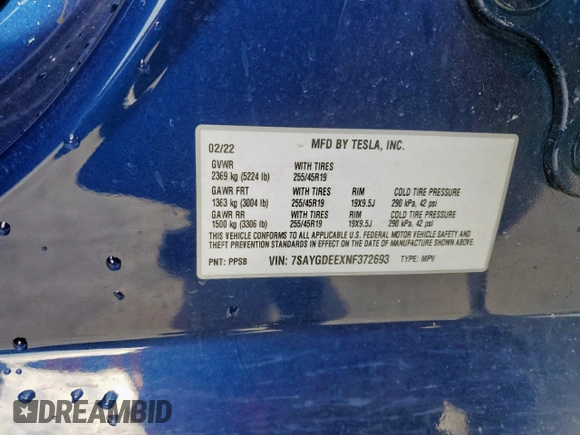 2022 Tesla Model Y Long Range z VIN 7SAYGDEEXNF372693, wystawiony jako Copart lot #53275555 z przebiegiem 51 165 mil mil oraz Szkody całkowita. Historia ofert i sprzedaży dostępna na DreamBid. Obrazek 13.