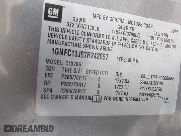 2007 Chevrolet Tahoe LT with VIN 1GNFC13J87R242057, listed as a IAAI auction lot 42736911 with 162,569 mi miles and . Bid and sale history available at DreamBid. Image 9.