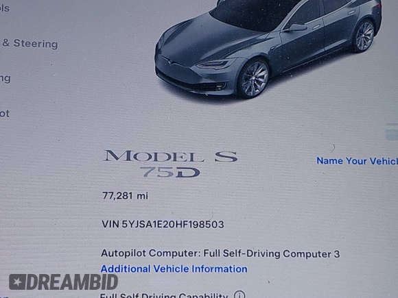 2017 Tesla Model S 100D with VIN 5YJSA1E20HF198503, listed as a IAAI auction lot 41843782 with 77,281 mi miles and . Bid and sale history available at DreamBid. Image 7.