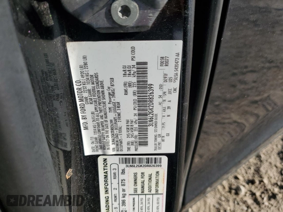 2013 Lincoln MKZ with VIN 3LN6L2GK2DR826399, listed as a Copart auction lot 55363045 with 189,492 mi miles and Clean Title. Bid and sale history available at DreamBid. Image 12.