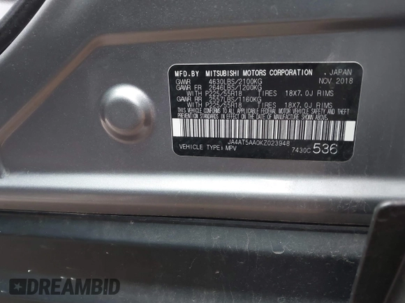 2019 Mitsubishi Eclipse Cross SE с VIN JA4AT5AA0KZ023948, выставлен на аукционе IAAI как лот 41722902 с пробегом Не указан миль и . История ставок и продаж доступна на DreamBid. Изображение 9.