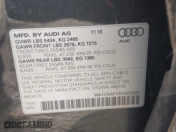 2019 Audi Q5 Prestige with VIN WA1CNAFY2K2023587, listed as a IAAI auction lot 41059294 with 54,591 mi miles. Bid and sale history available at carsss.com. Image 9.