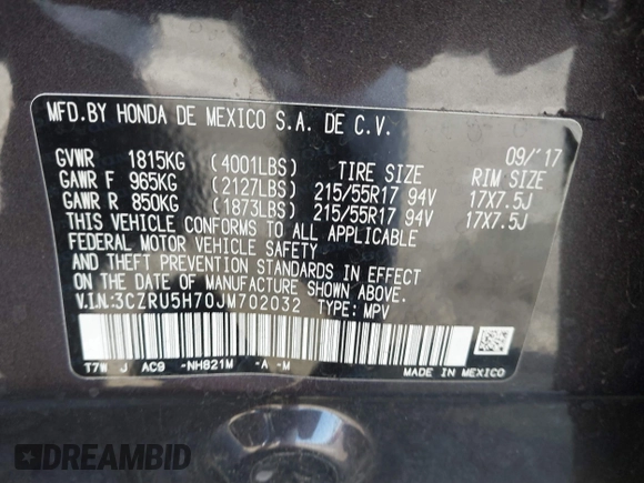 2018 Honda HR-V EX-L Navi with VIN 3CZRU5H70JM702032, listed as a IAAI auction lot 41680864 with 104,092 mi miles. Bid and sale history available at carsss.com. Image 9.